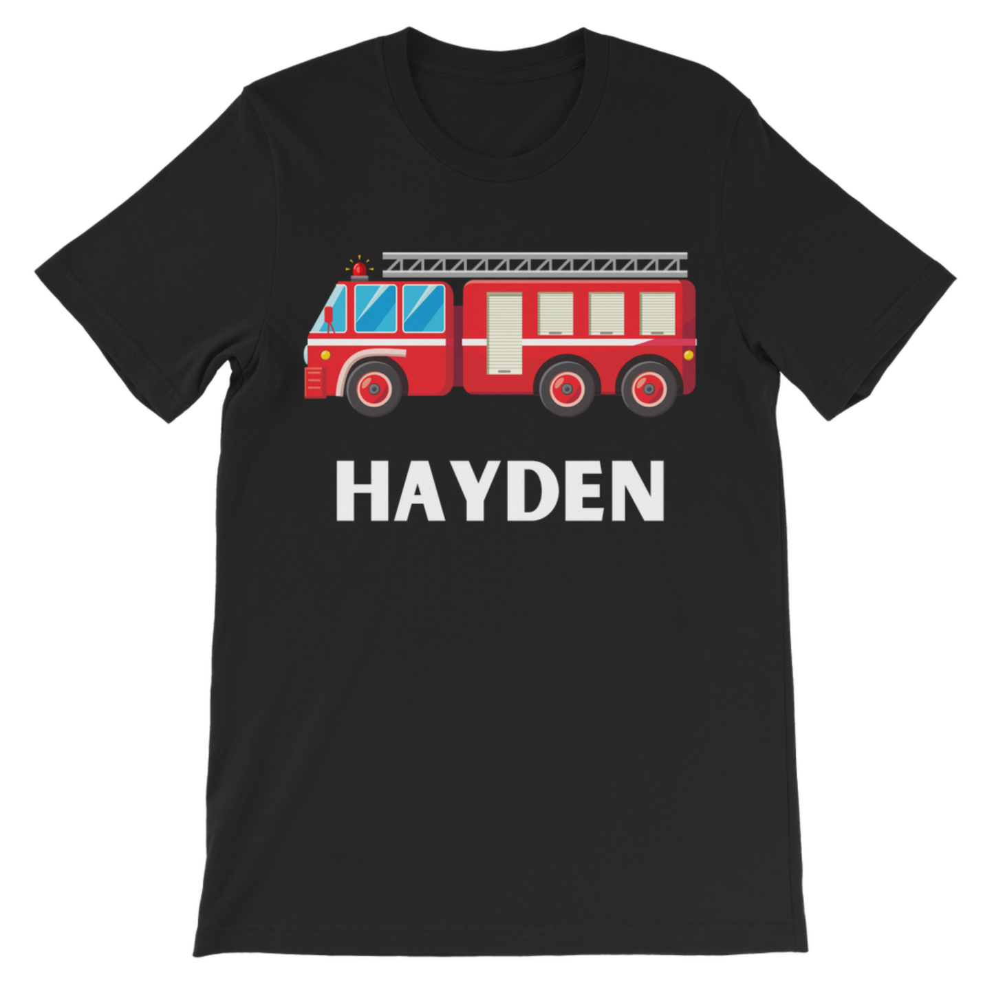 Kids black cotton t-shirt with red fire truck and the name 'Hayden' printed under the graphic.