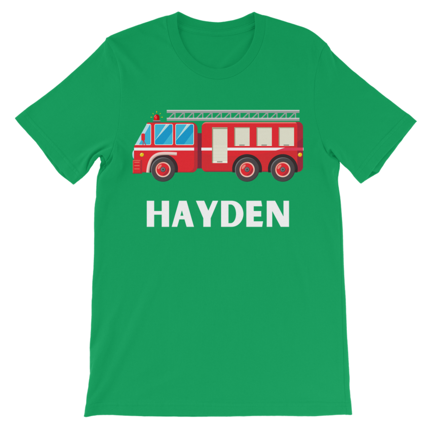 Kids green cotton t-shirt with red fire truck and the name 'Hayden' printed under the graphic.