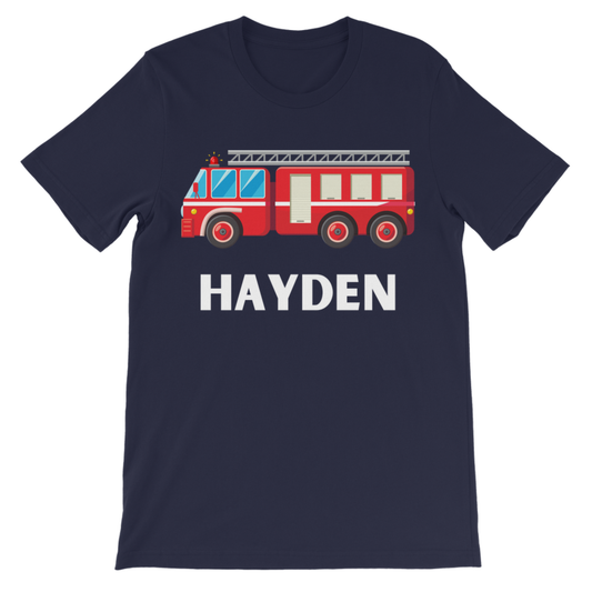 Kids navy cotton t-shirt with red fire truck and the name 'Hayden' printed under the graphic.