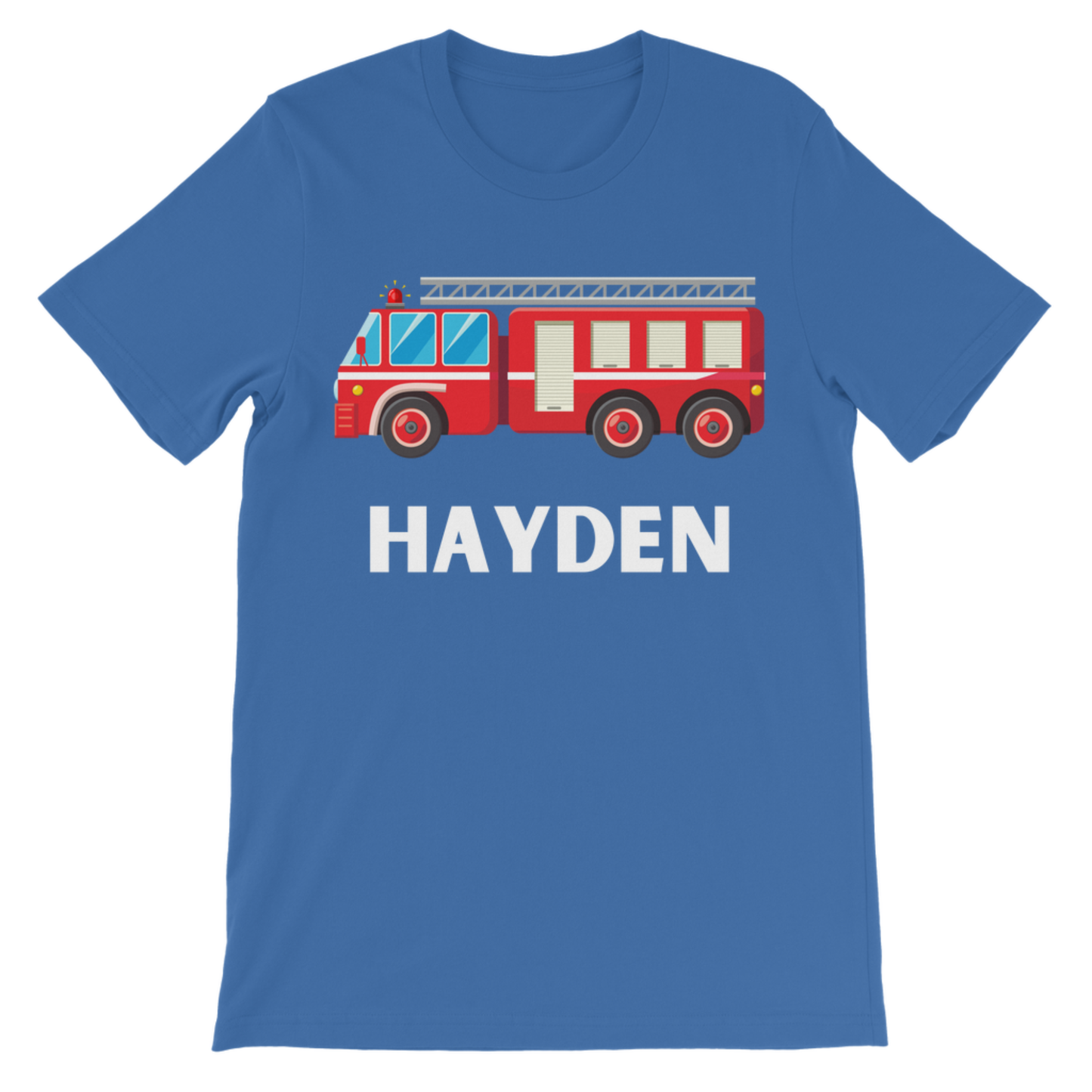 Kids royal blue cotton t-shirt with red fire truck and the name 'Hayden' printed under the graphic.