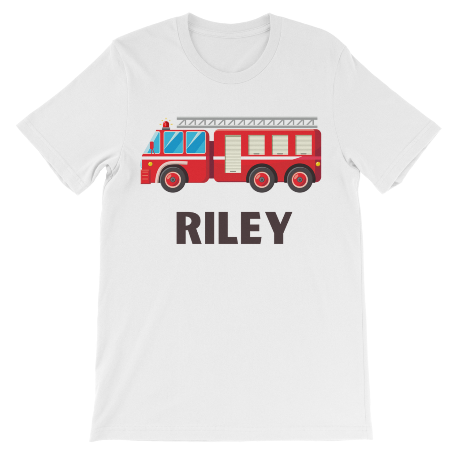 Kids white cotton t-shirt with red fire truck and the name 'Riley' printed under the graphic.