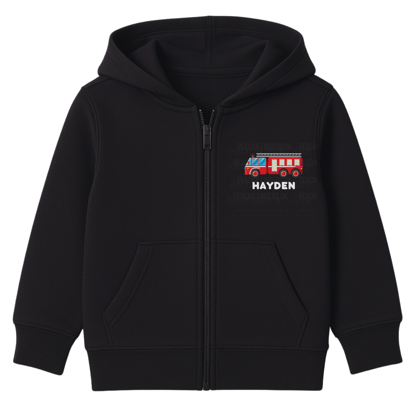 Kids zip hoodie in black with small red fire engine graphic and personalised name Hayden printed on the chest.