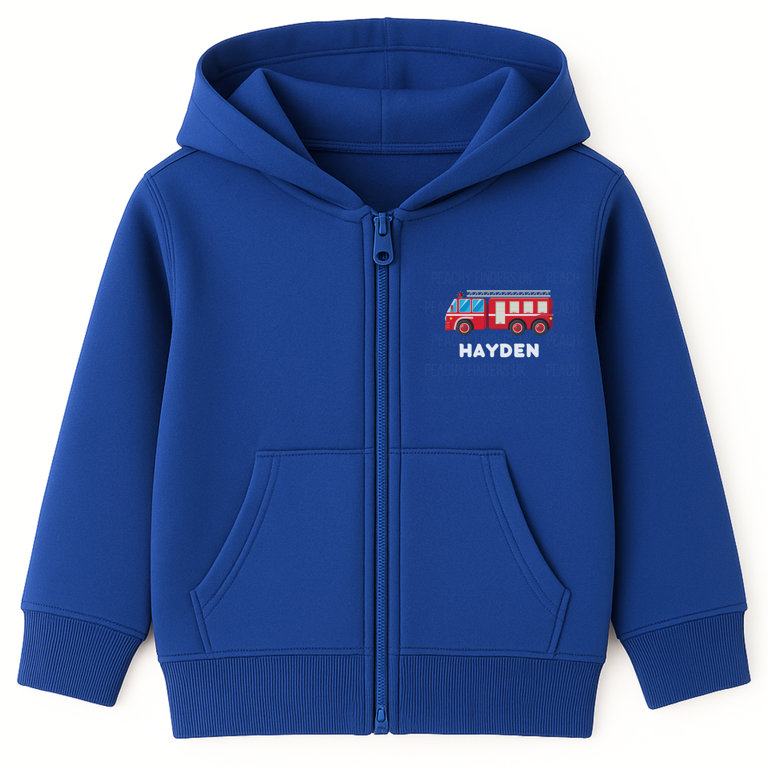 Royal blue kids zip hoodie with small red fire engine graphic and personalised name Hayden printed on the chest.