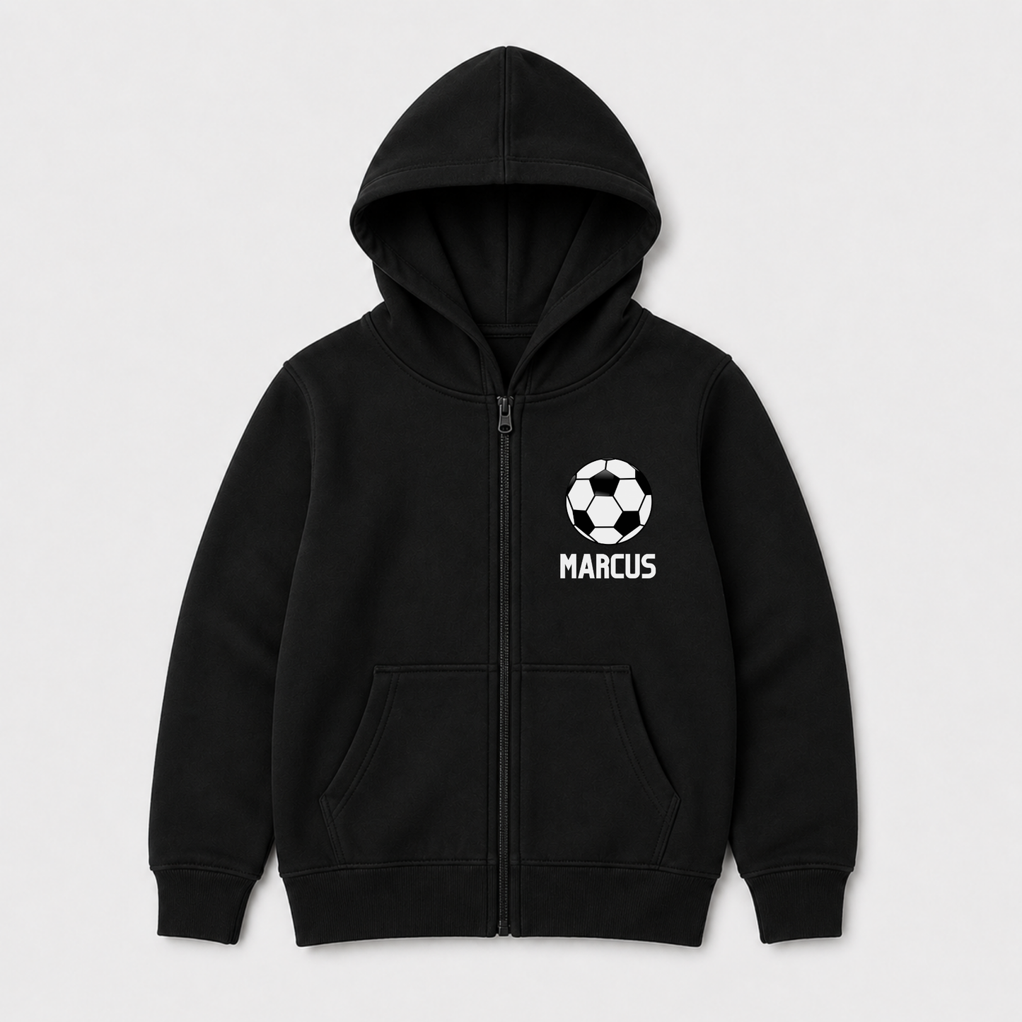 Black kids personalised football zip hoodie with custom name and football chest design, ideal for young football fans and everyday sportswear.