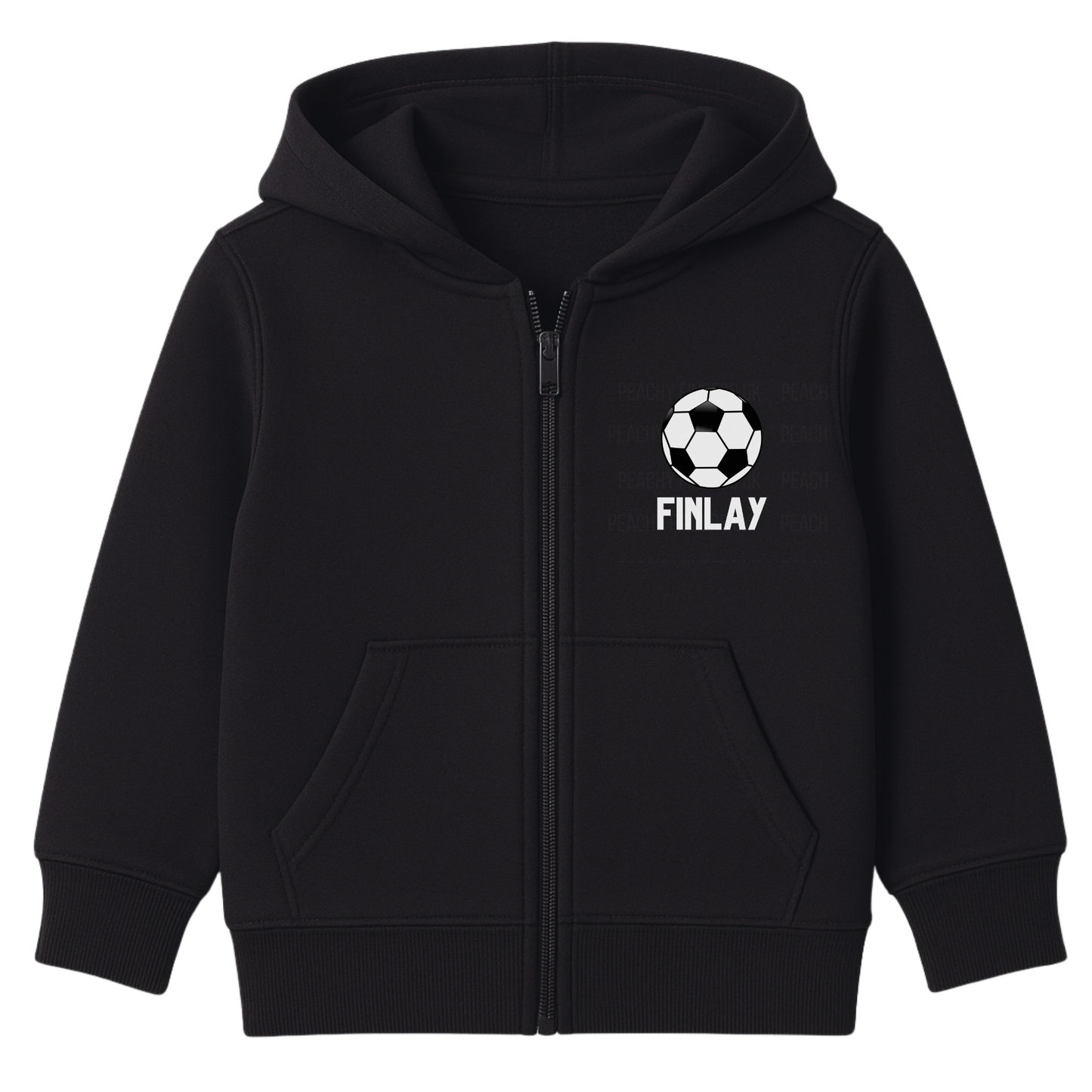 Kids black zip hoodie with personalised football graphic and name Finlay printed on the chest