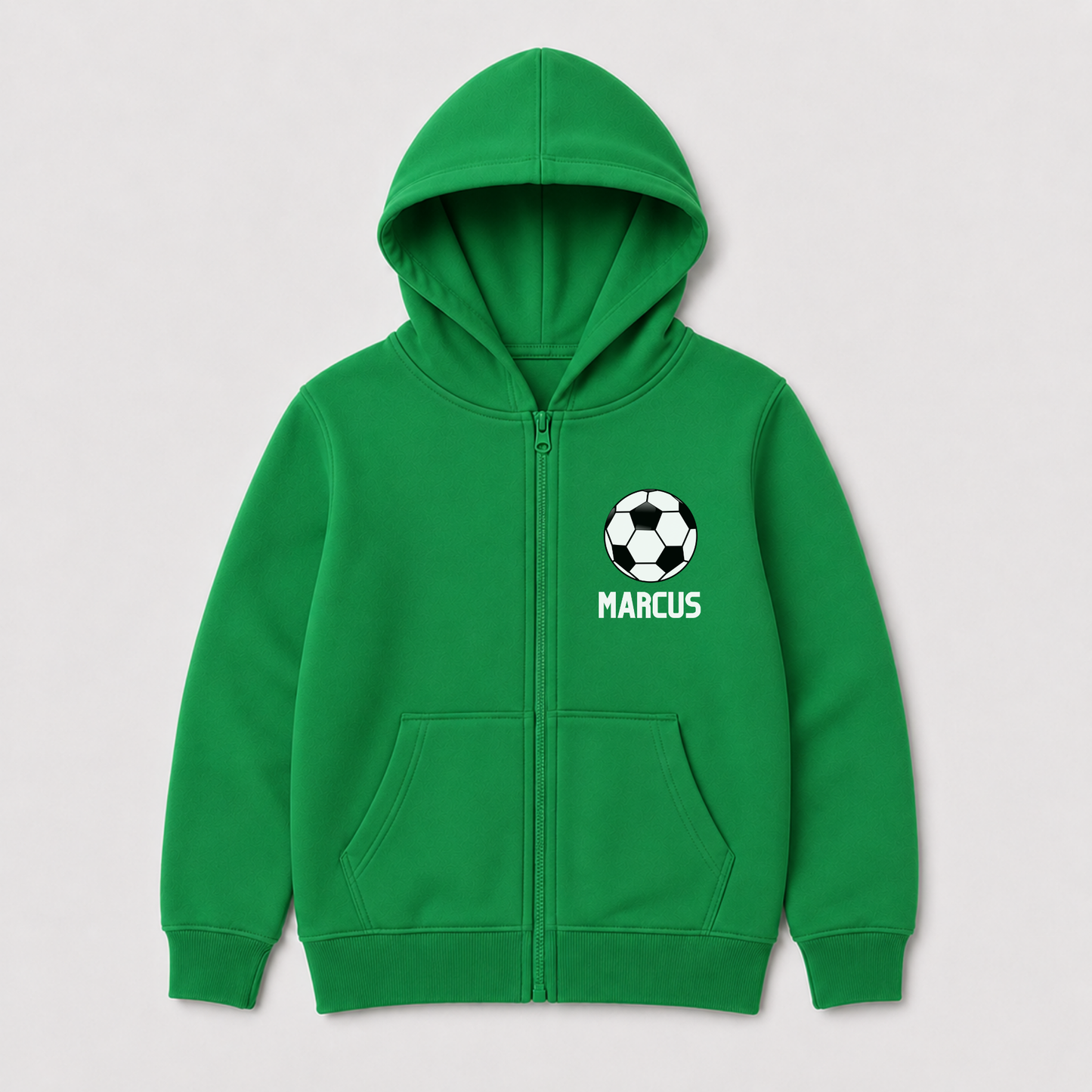 Green children’s football zip hoodie featuring a personalised name and football badge-style graphic, perfect for kids who love football.