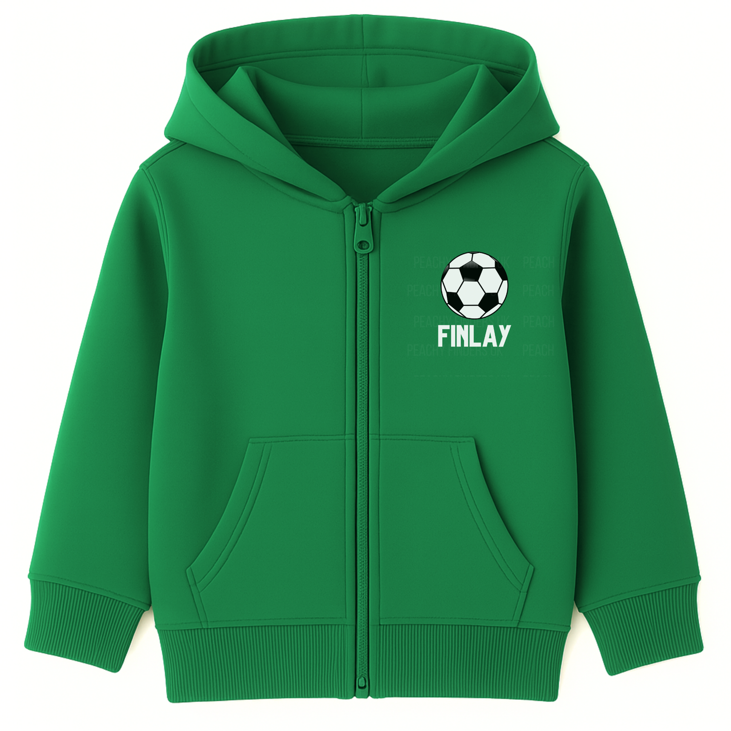 Kids green zip hoodie featuring a football design with custom name Finlay on the front