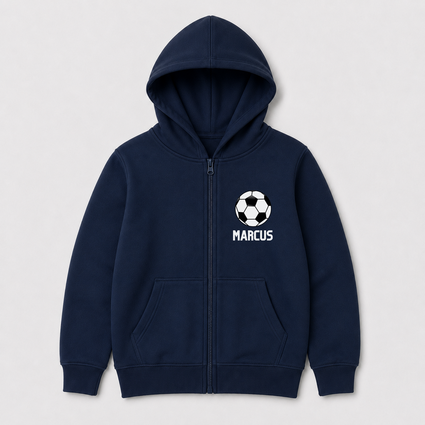 Navy blue children’s personalised football zip hoodie with custom name under a football design, great for football training and casual wear.
