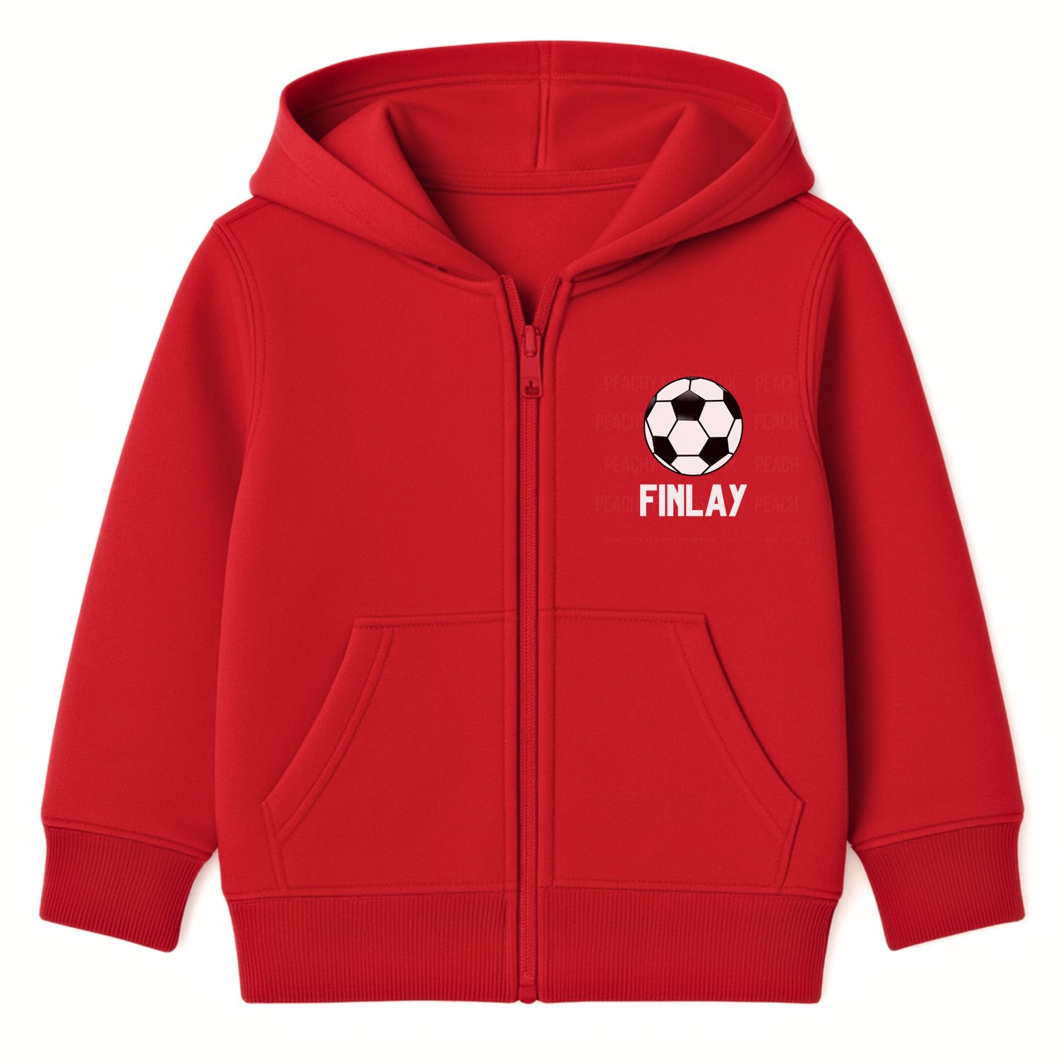 Kids red zip hoodie personalised with a football design and name Finlay on the front