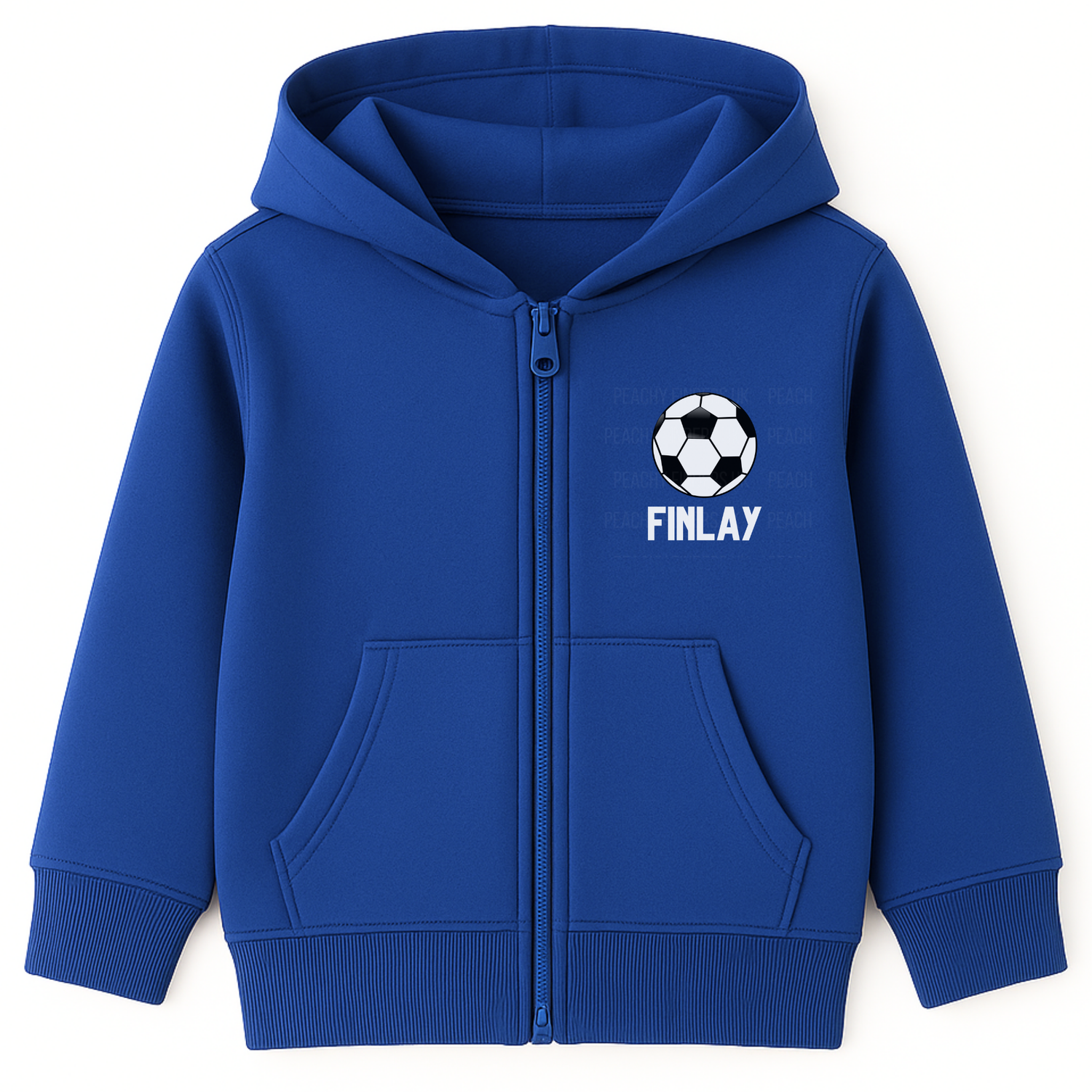 Kids royal blue zip hoodie with football graphic and personalised name Finlay on the chest