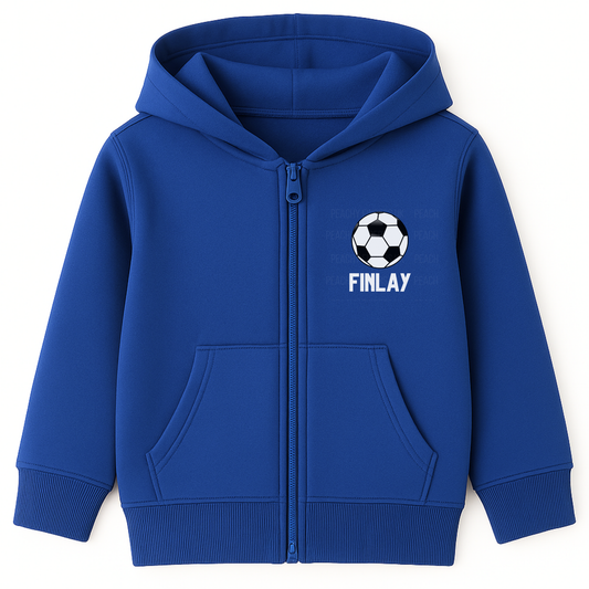 Kids royal blue zip hoodie with football graphic and personalised name Finlay on the chest