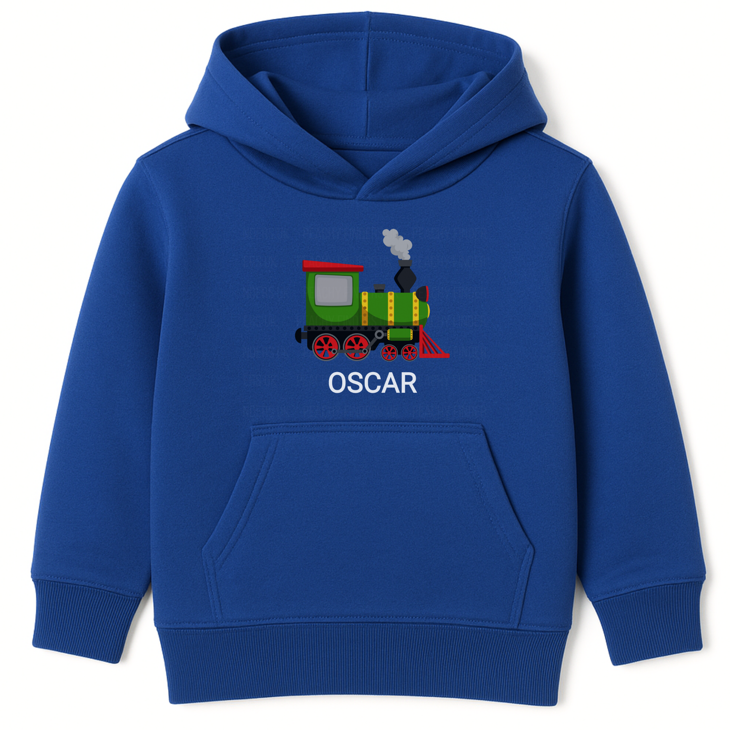 kids royal blue hoodie with a personalised steam train and name printed underneath the locomotive illustration.