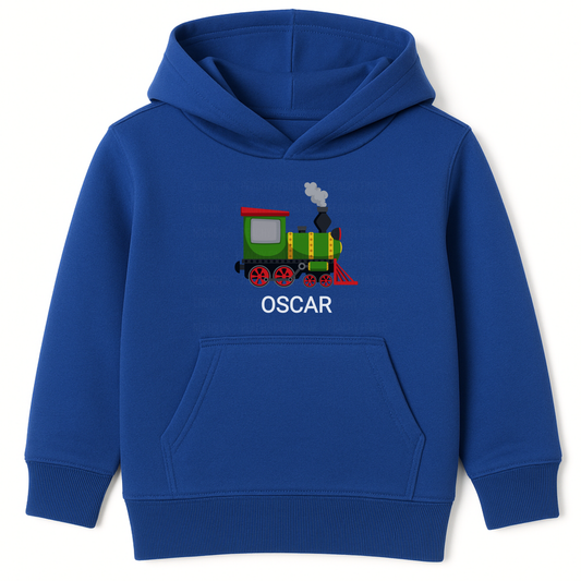 kids royal blue hoodie with a personalised steam train and name printed underneath the locomotive illustration.