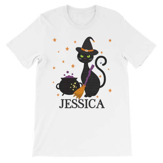 halloween witch cat t-shirt for kids with custom name - flat lay product image