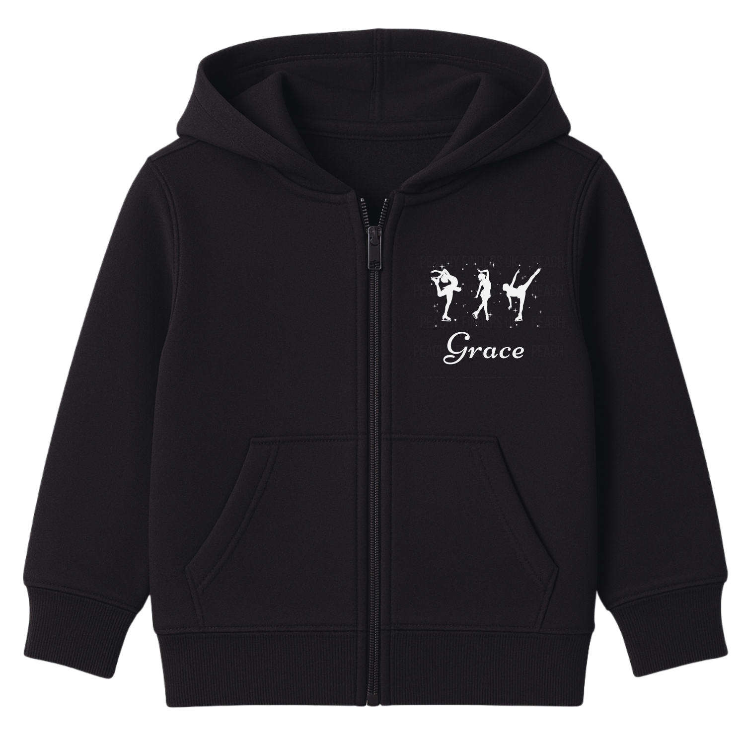 Girls black zip-up hoodie featuring three white ice skater silhouettes with personalised name on the chest.