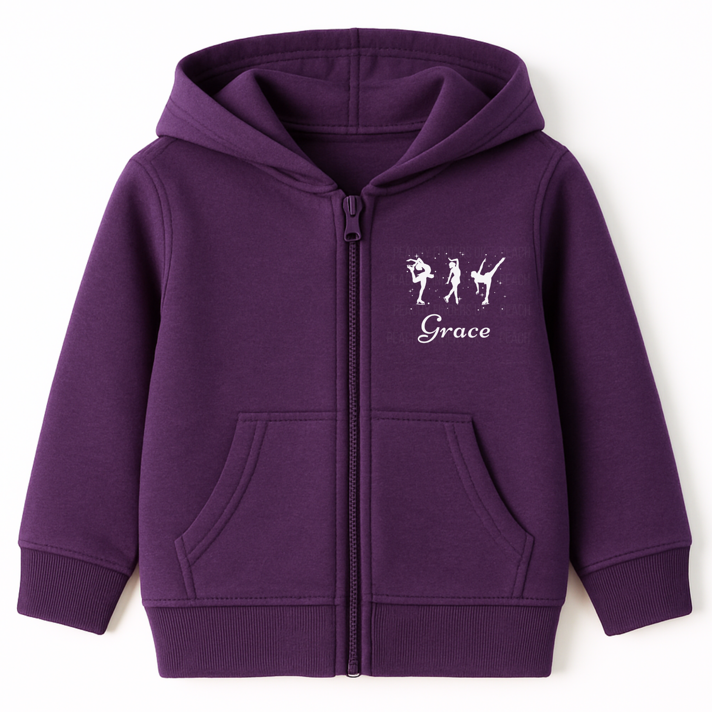 Girls purple zip-up hoodie featuring three white ice skater silhouettes with personalised name on the chest.