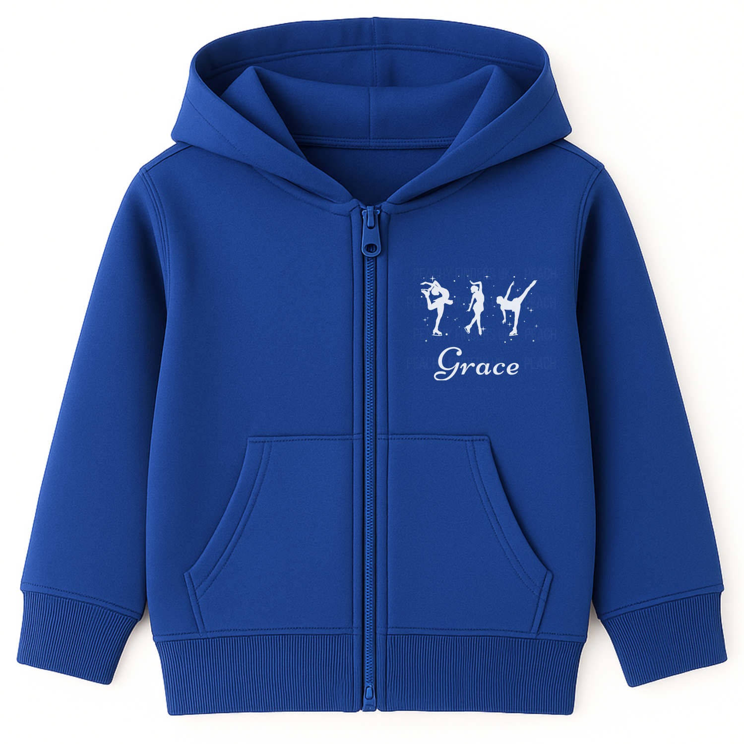 Girls royal blue zip-up hoodie featuring three white ice skater silhouettes with personalised name on the chest.