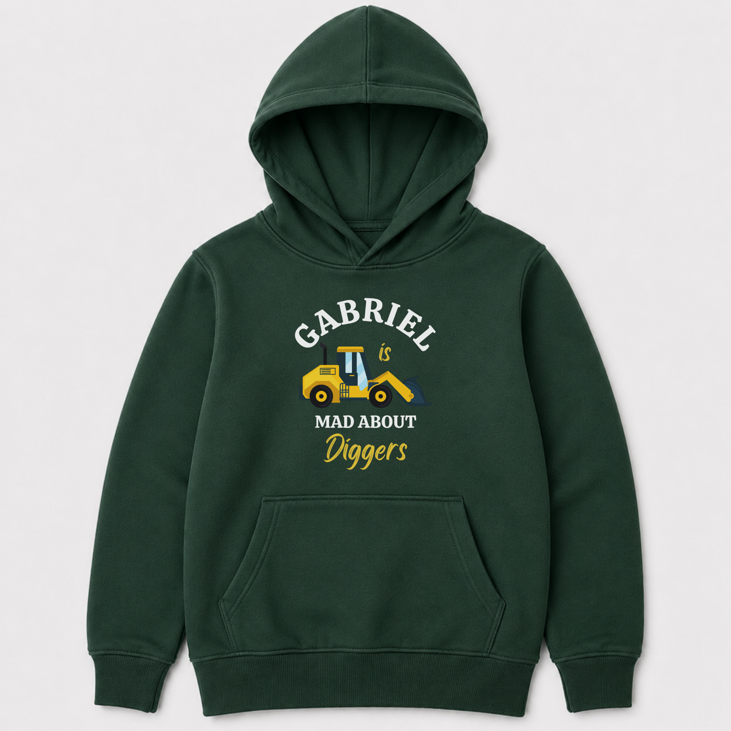 A dark green kids pullover hoodie with a front graphic that reads 'GABRIEL is MAD ABOUT Diggers' around a yellow construction digger illustration, shown on a light grey background.