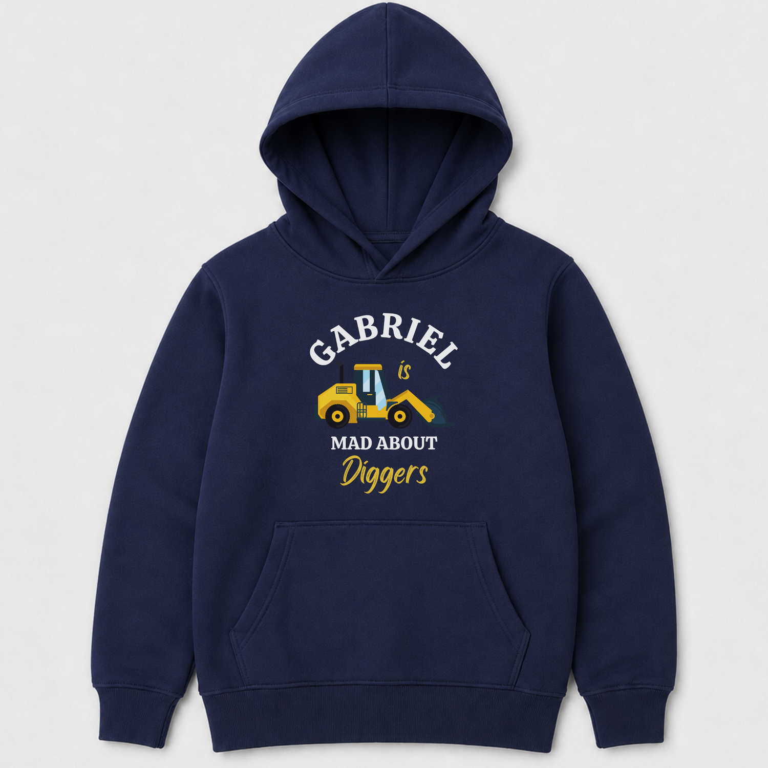 A kids navy blue pullover hoodie with a custom graphic on the chest. The graphic features a yellow backhoe loader and the text 'GABRIEL is MAD ABOUT Diggers' in white and yellow.