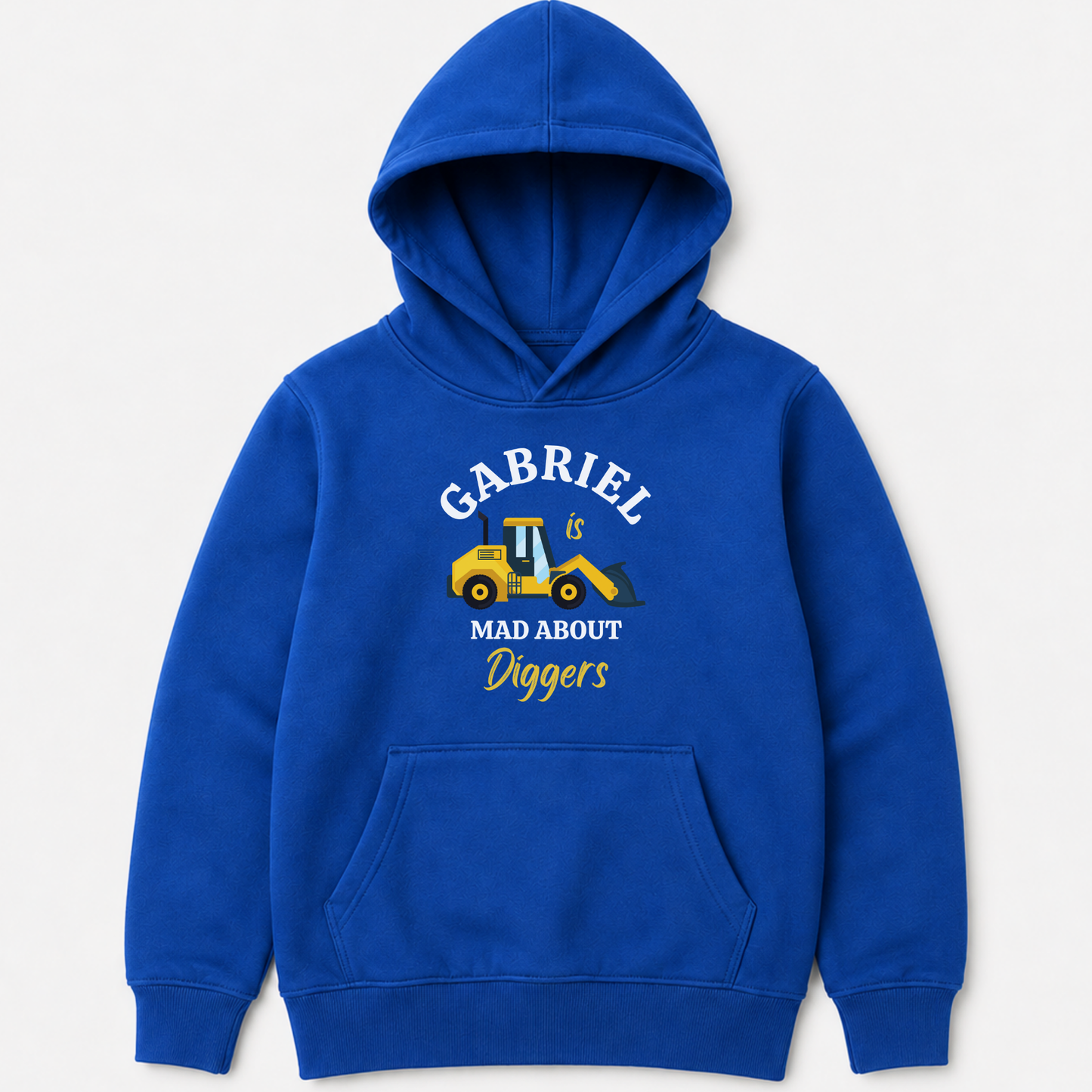 A kids custom name royal blue pullover hoodie with a front graphic that reads 'GABRIEL is MAD ABOUT Diggers' around a yellow and black bulldozer illustration, shown on a light gray background.