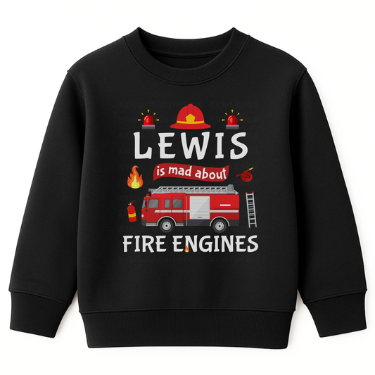 Personalised Fire Engine Kids Sweatshirt - “Mad About Fire Engines”