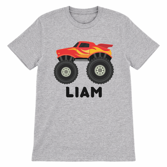 Personalised kids monster truck t-shirt in heather grey with red flame truck design and name Liam printed in bold black text