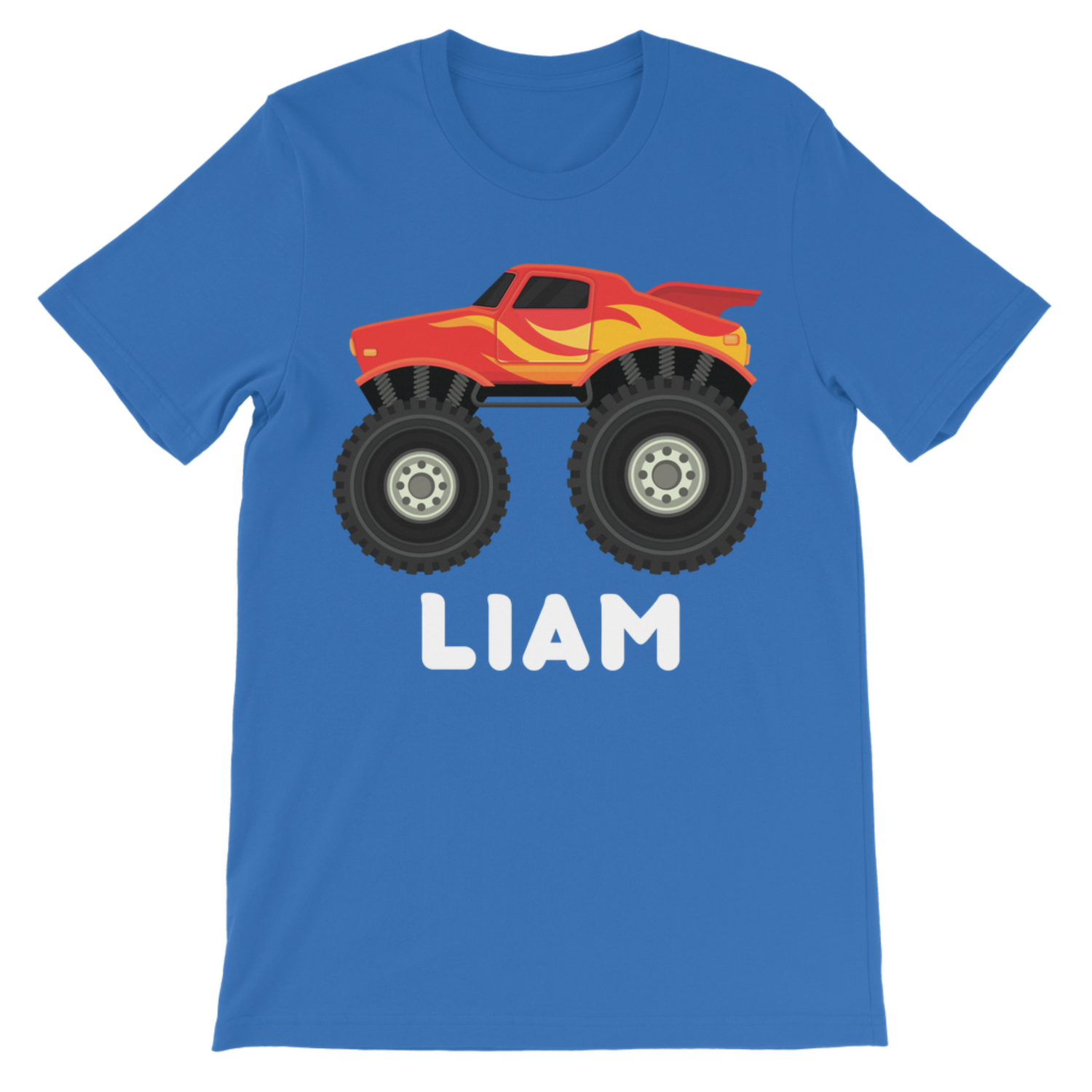 Personalised kids blue monster truck t-shirt featuring red monster truck design with custom name Harvey printed