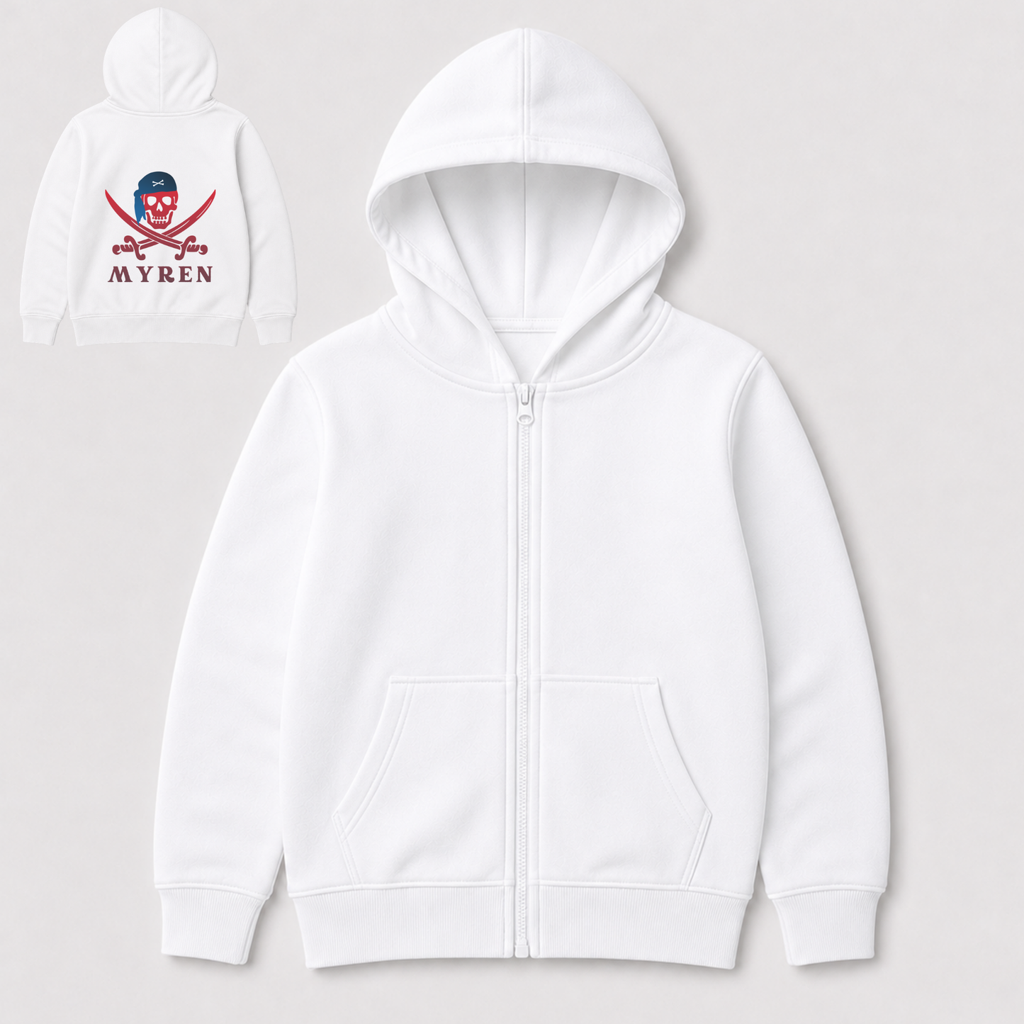 A white zip-up hoodie shown flat against a light gray background, with a small inset in the upper left showing the back graphic: a skull-and-crossbones design with a pirate face and the text 'MYREN'.