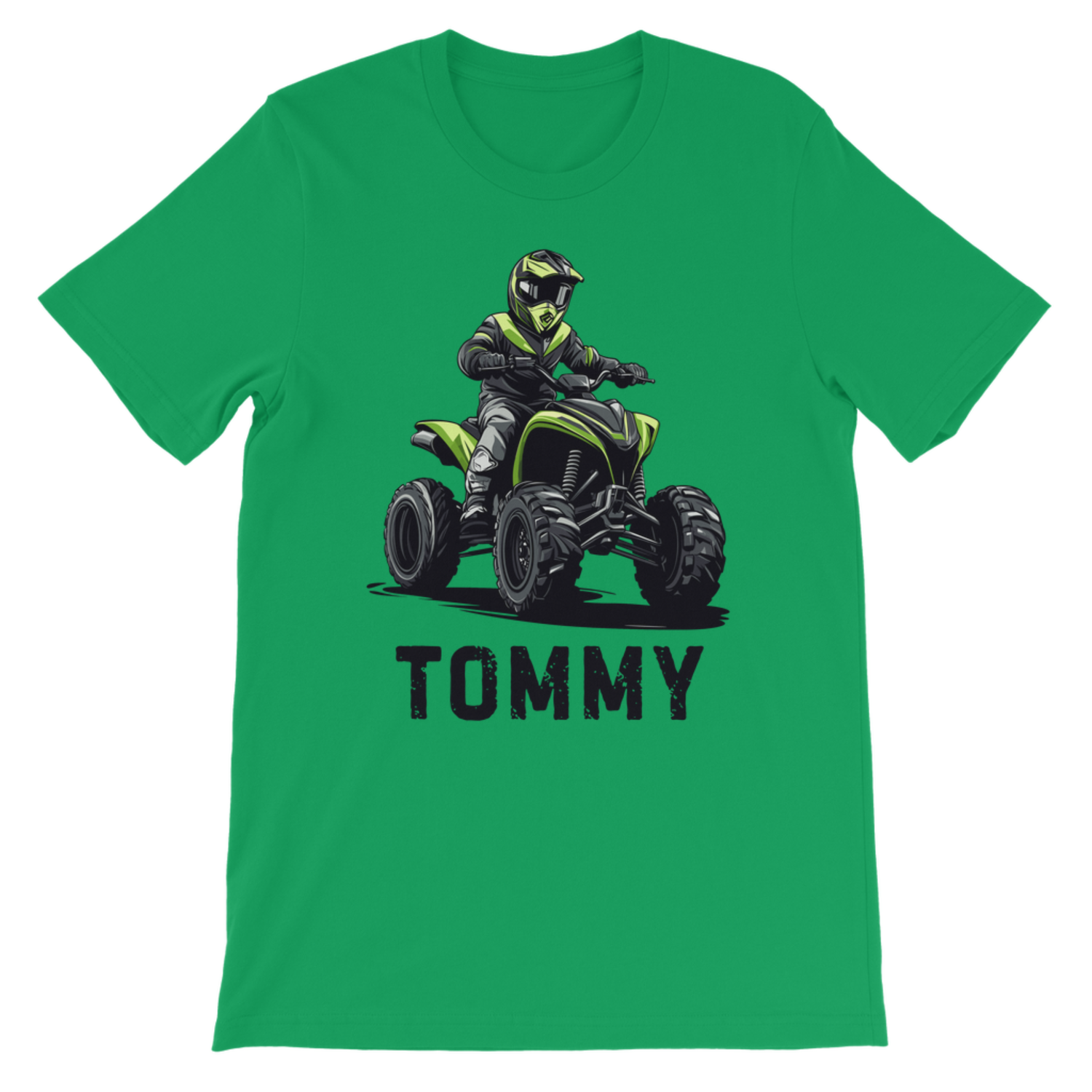 Kids kelly green t-shirt with a graphic of a person on an ATV and the name 'TOMMY' on a white background