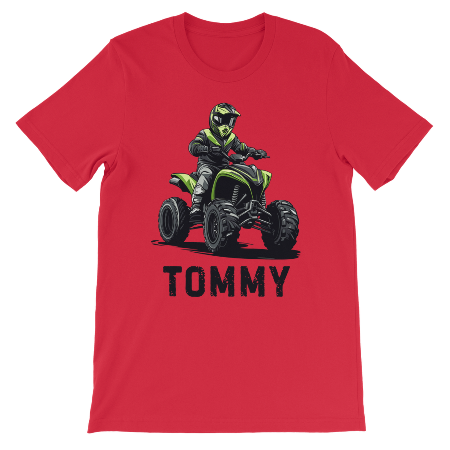 Kids red t-shirt with a graphic of a person on an ATV and the name 'TOMMY' on a white background