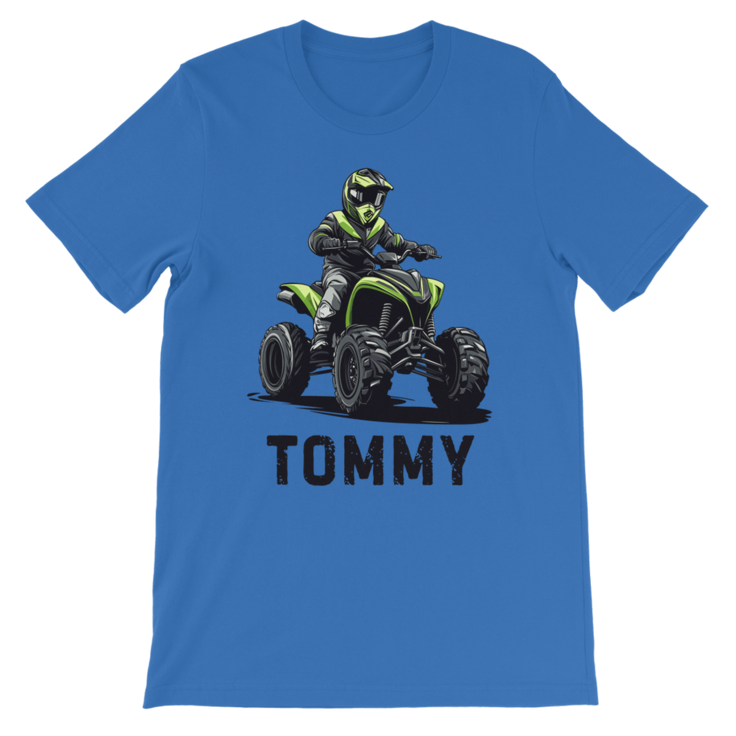 Kids royal blue t-shirt with a graphic of a person on an ATV and the name 'TOMMY' on a white background