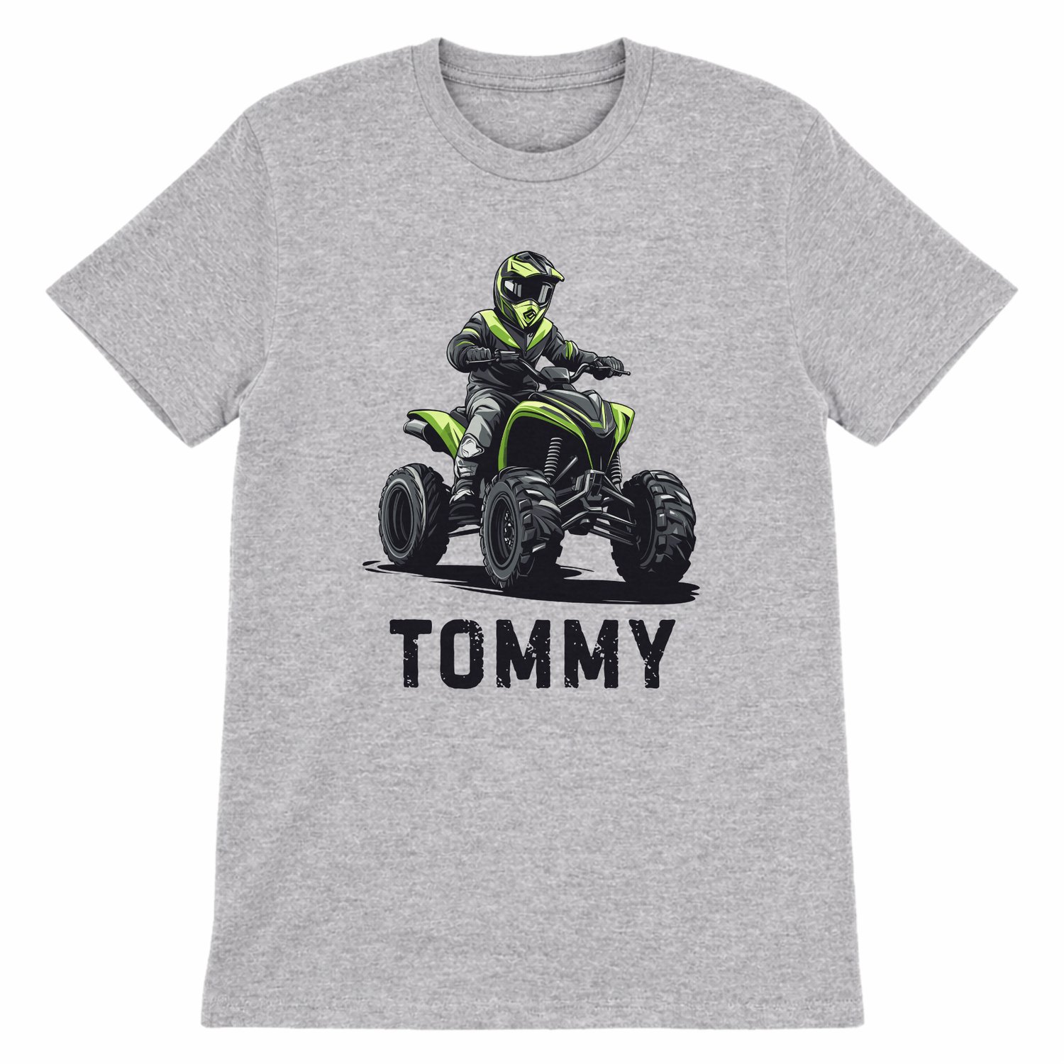Kids sport grey t-shirt with a graphic of a person on an ATV and the name 'TOMMY' on a white background