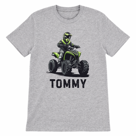 Kids sport grey t-shirt with a graphic of a person on an ATV and the name 'TOMMY' on a white background