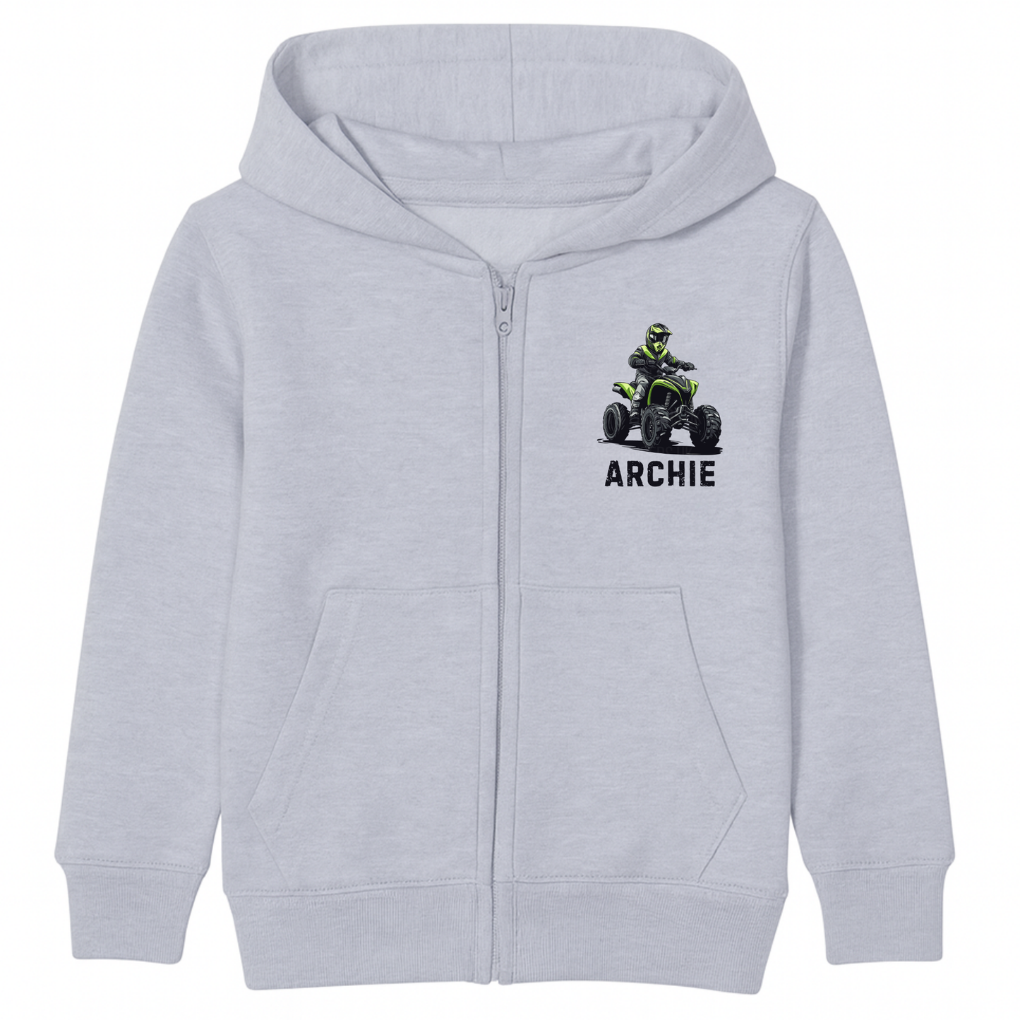 Kids personalised quad bike zip hoodie in heather grey featuring a green quad rider graphic and custom name printed on the chest.