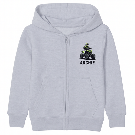 Kids personalised quad bike zip hoodie in heather grey featuring a green quad rider graphic and custom name printed on the chest.