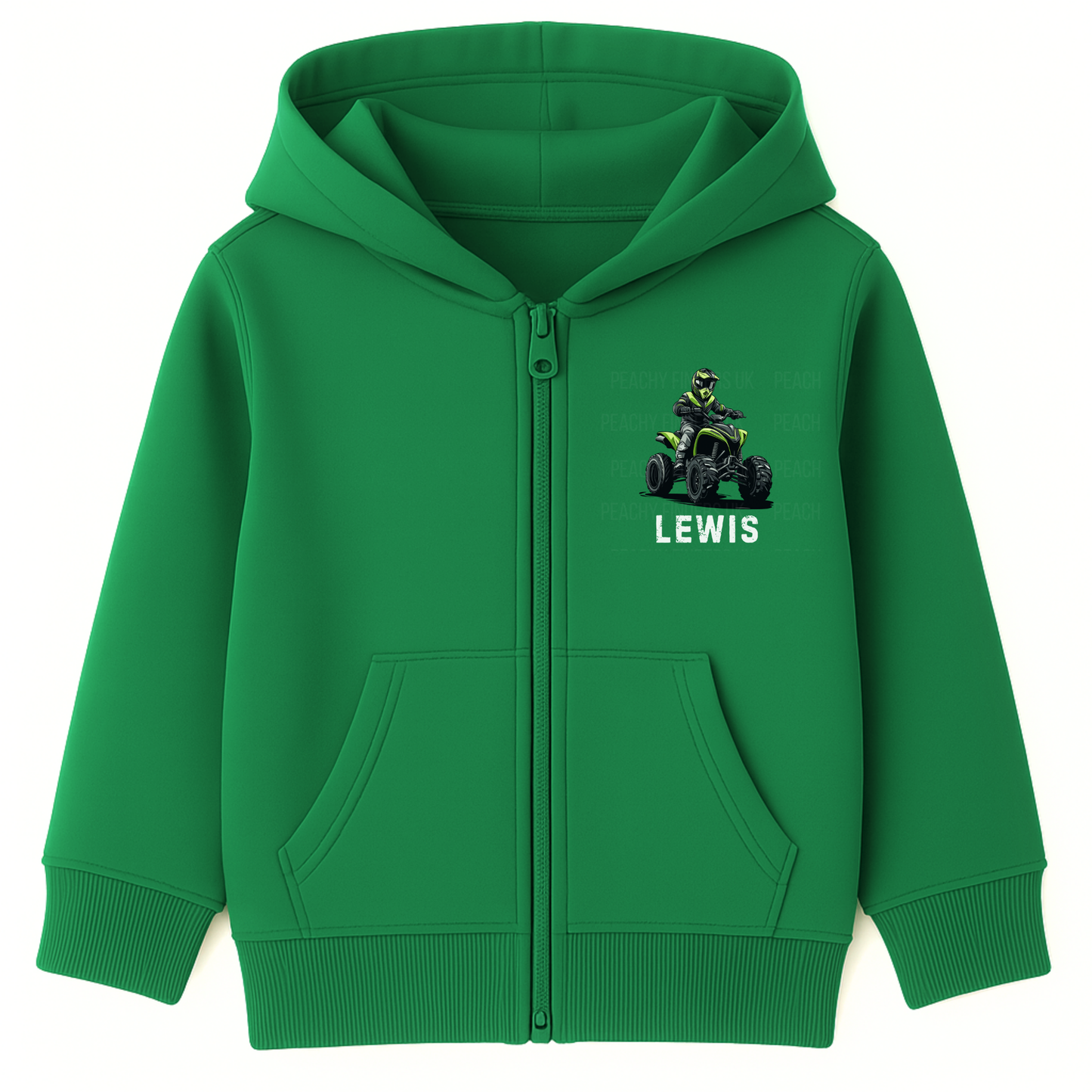 Kids personalised quad bike zip hoodie in kelly green with an ATV rider illustration and custom name printed on the front.