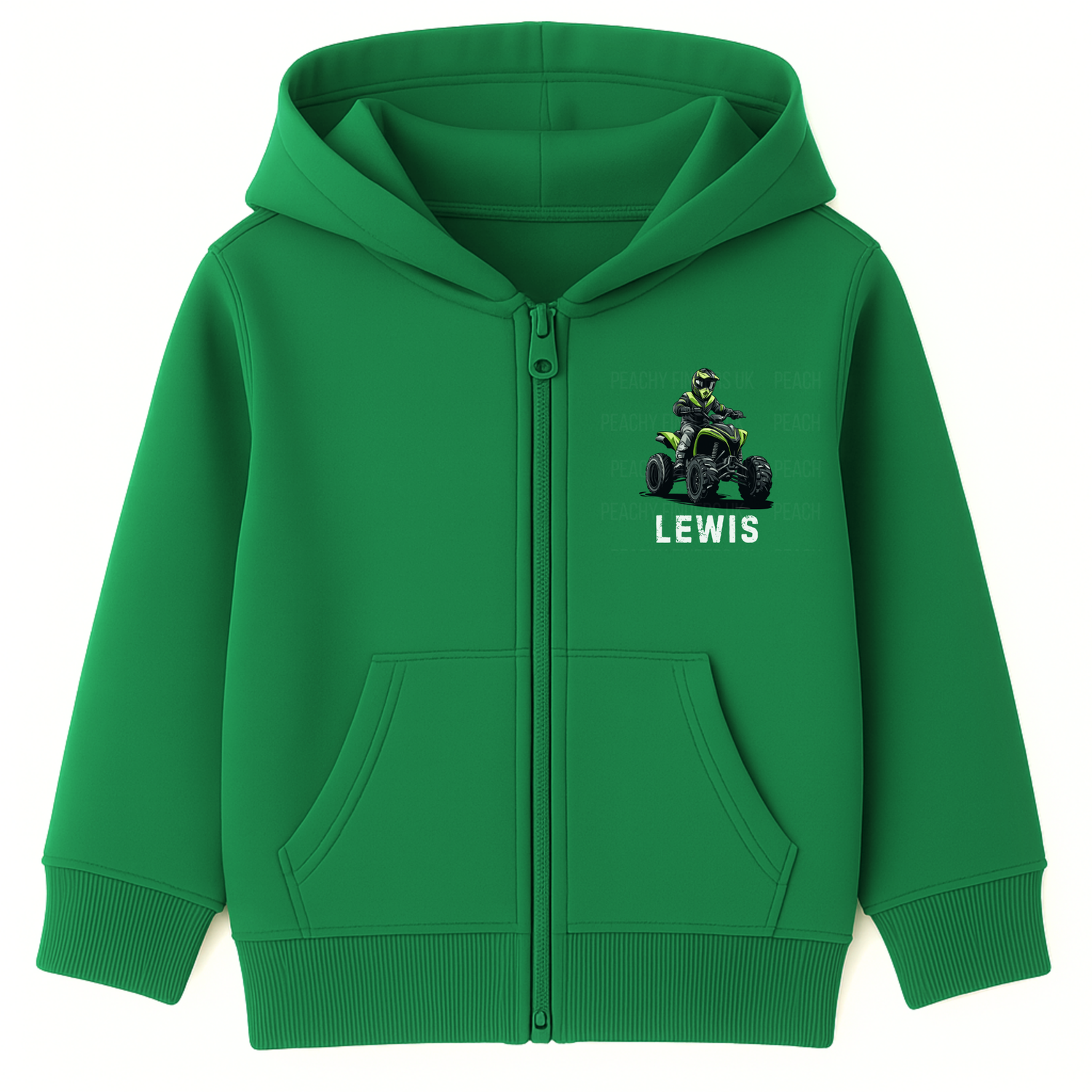 Kids personalised quad bike zip hoodie in kelly green with an ATV rider illustration and custom name printed on the front.