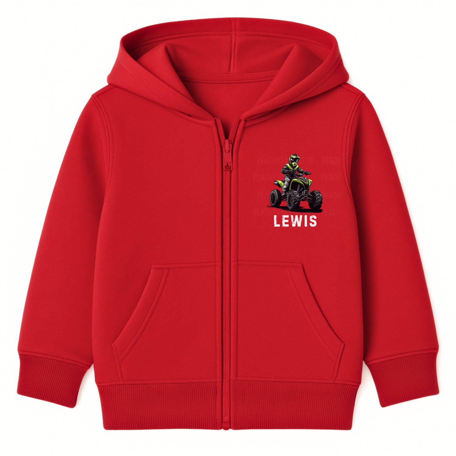 Kids personalised quad bike zip hoodie in red featuring a bold quad rider graphic with custom name on the chest.