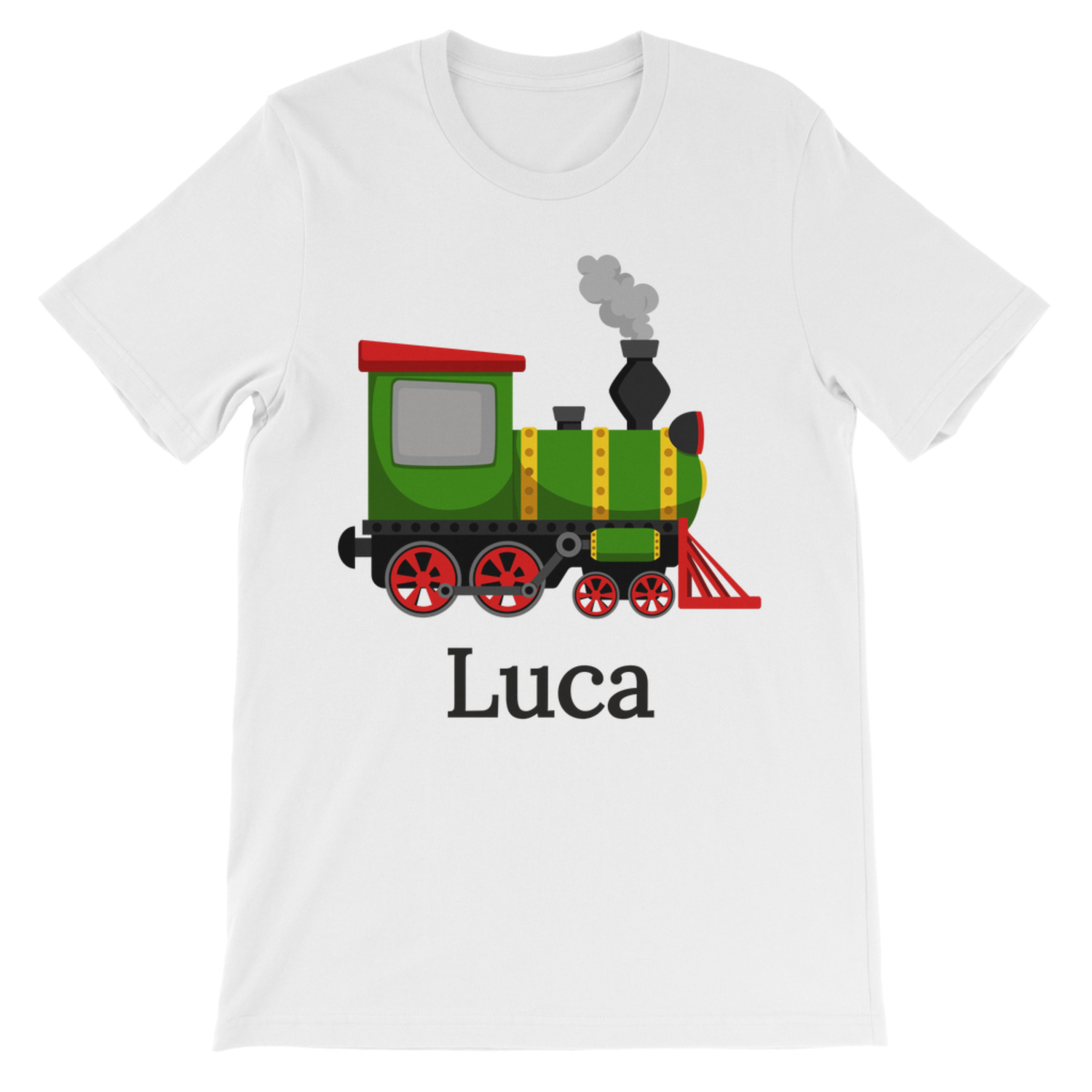 Children's white short sleeved t-shirt with green and red locomotive, personalised name 'Luca' printed underneath graphic.