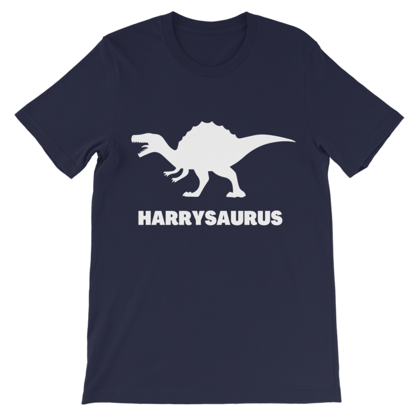 Kids navy t-shirt featuring a white dinosaur silhouette with white HARRYSAURUS print on the front. Matching set with Daddysaurus.