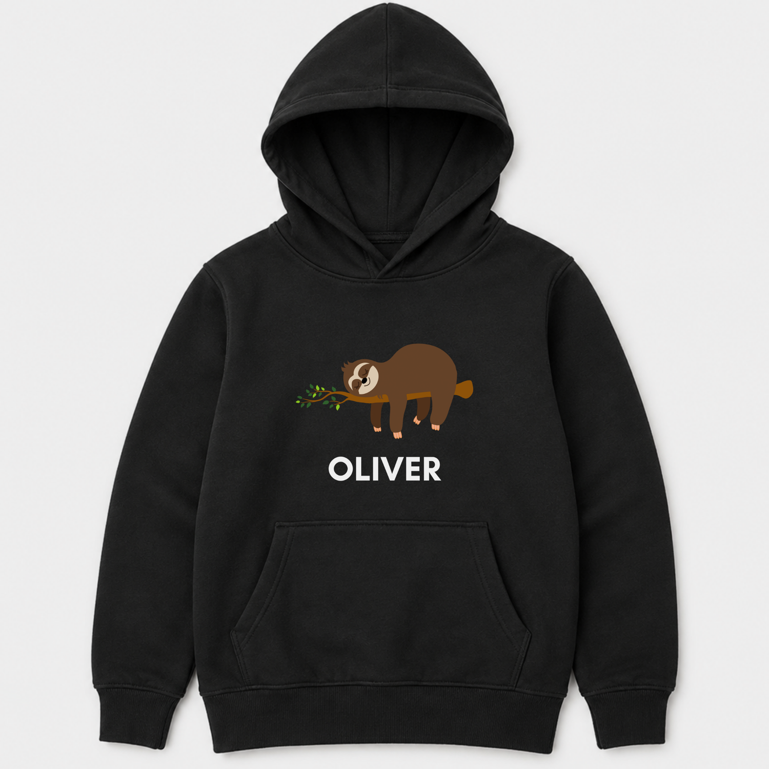 A kids black pullover hoodie with a front kangaroo pocket, featuring a cartoon sloth graphic and the name 'OLIVER' printed in white on the chest, shown against a light grey background.