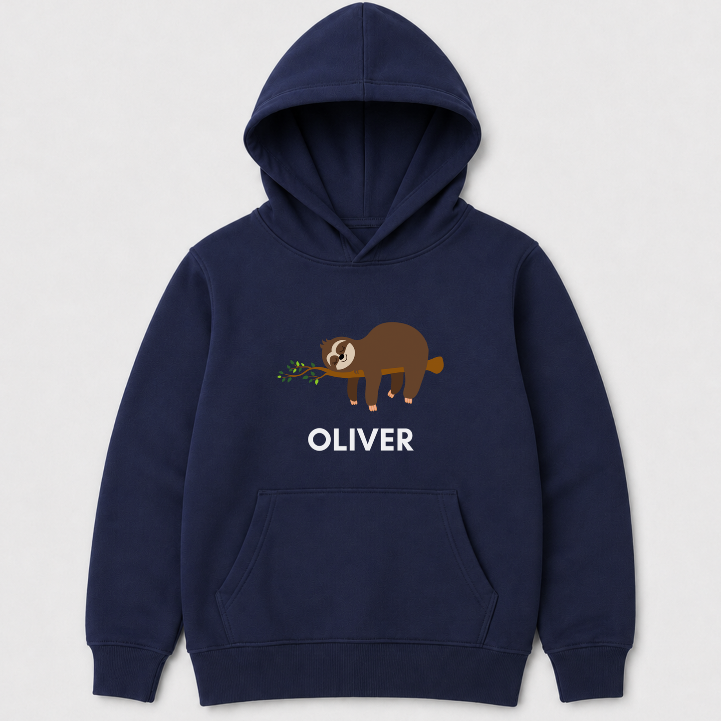A navy blue kids pullover hoodie with a front kangaroo pocket and a graphic of a brown sloth eating a green branch, above the name 'OLIVER' in white. The hoodie is displayed on a light grey background.