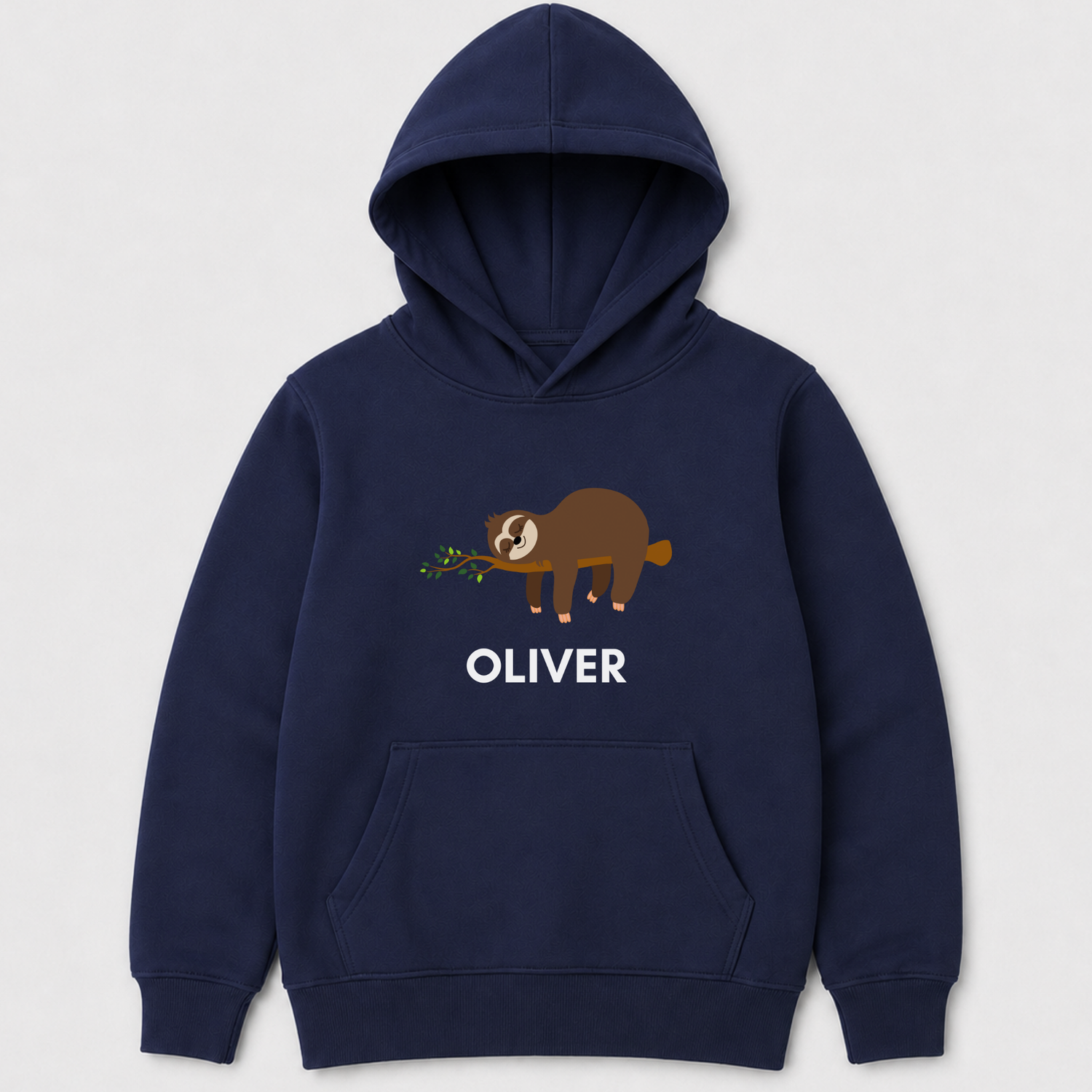 A navy blue kids pullover hoodie with a front kangaroo pocket and a graphic of a brown sloth eating a green branch, above the name 'OLIVER' in white. The hoodie is displayed on a light grey background.
