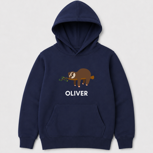 A navy blue kids pullover hoodie with a front kangaroo pocket and a graphic of a brown sloth eating a green branch, above the name 'OLIVER' in white. The hoodie is displayed on a light grey background.