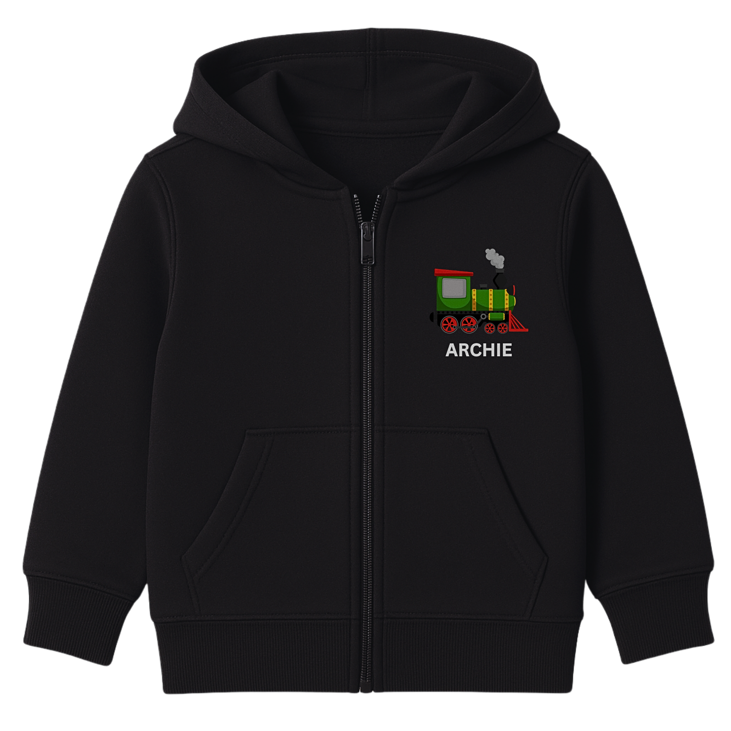 Kids black zip-up hoodie featuring a colourful steam train design and the name “Archie” printed on the left chest. 