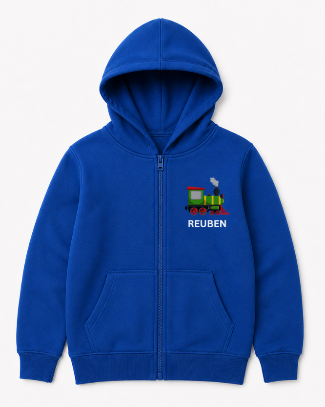 Kids royal blue zip-up hoodie featuring a colourful steam train design and the name “REUBEN” printed on the left chest. 