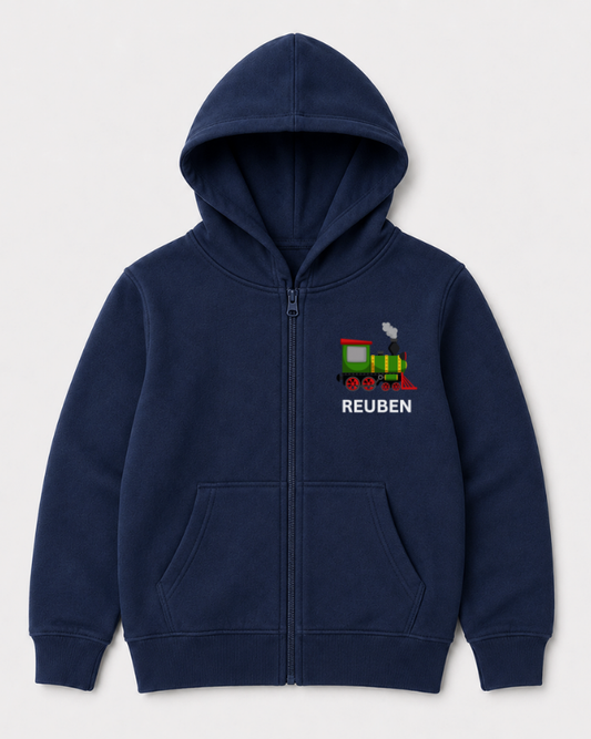 Kids navy zip-up hoodie featuring a colourful steam train design and the name “Archie” printed on the left chest. 