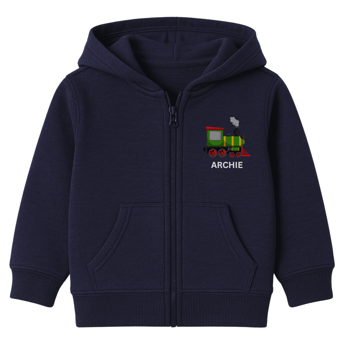 Kids navy zip-up hoodie featuring a colourful steam train design and the name “Archie” printed on the left chest. 