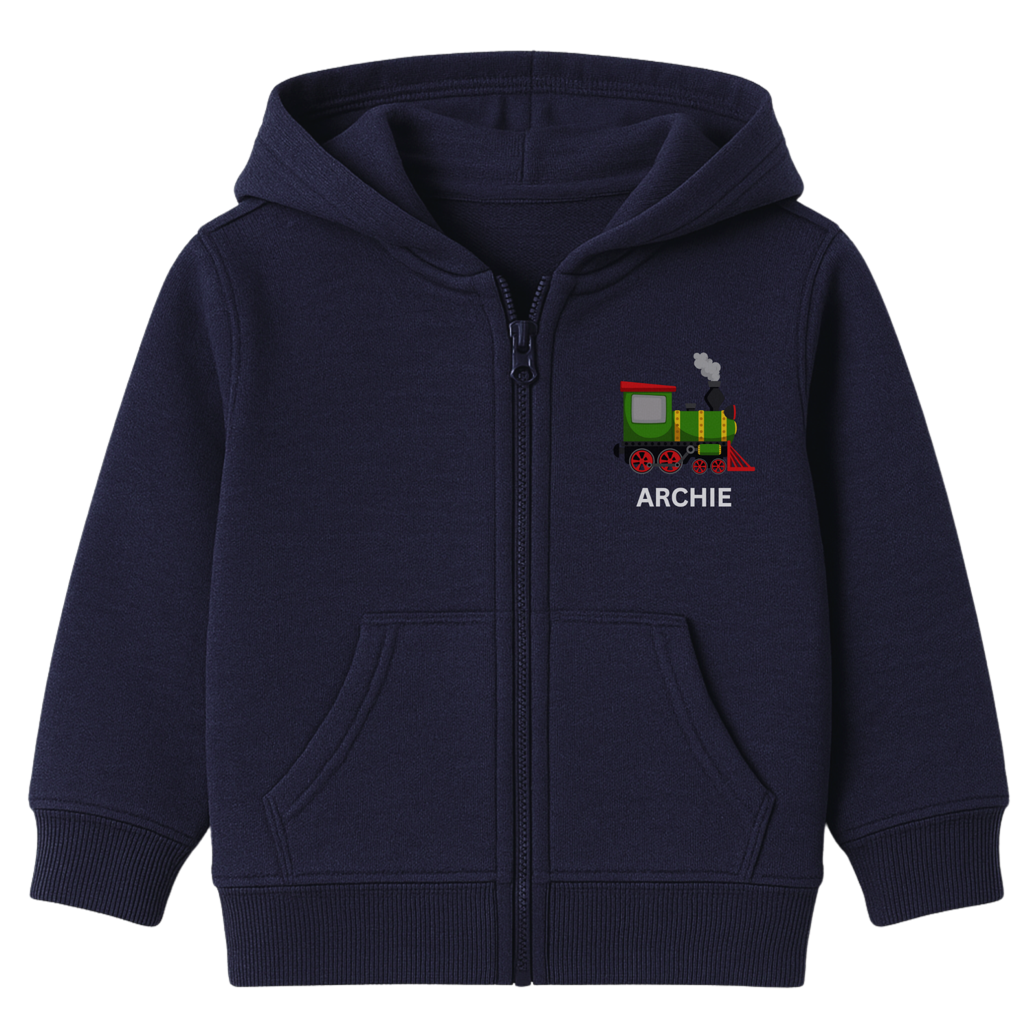 Kids navy zip-up hoodie featuring a colourful steam train design and the name “Archie” printed on the left chest. 