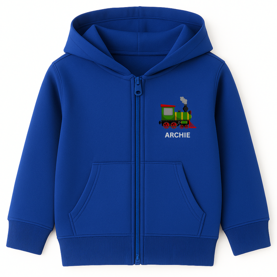 Kids royal blue zip-up hoodie featuring a colourful steam train design and the name “Archie” printed on the left chest. 